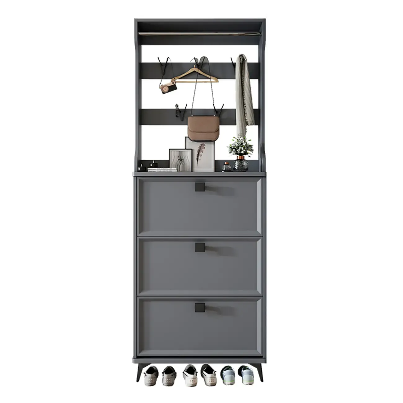 Drop-Front Adjustable Modern White Wood Narrow Shoe Cabinet Image - 18