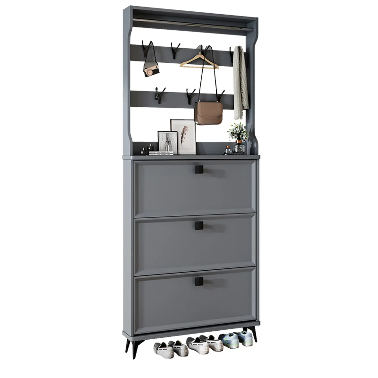 Drop-Front Adjustable Modern White Wood Narrow Shoe Cabinet Image - 19 | homeyfad