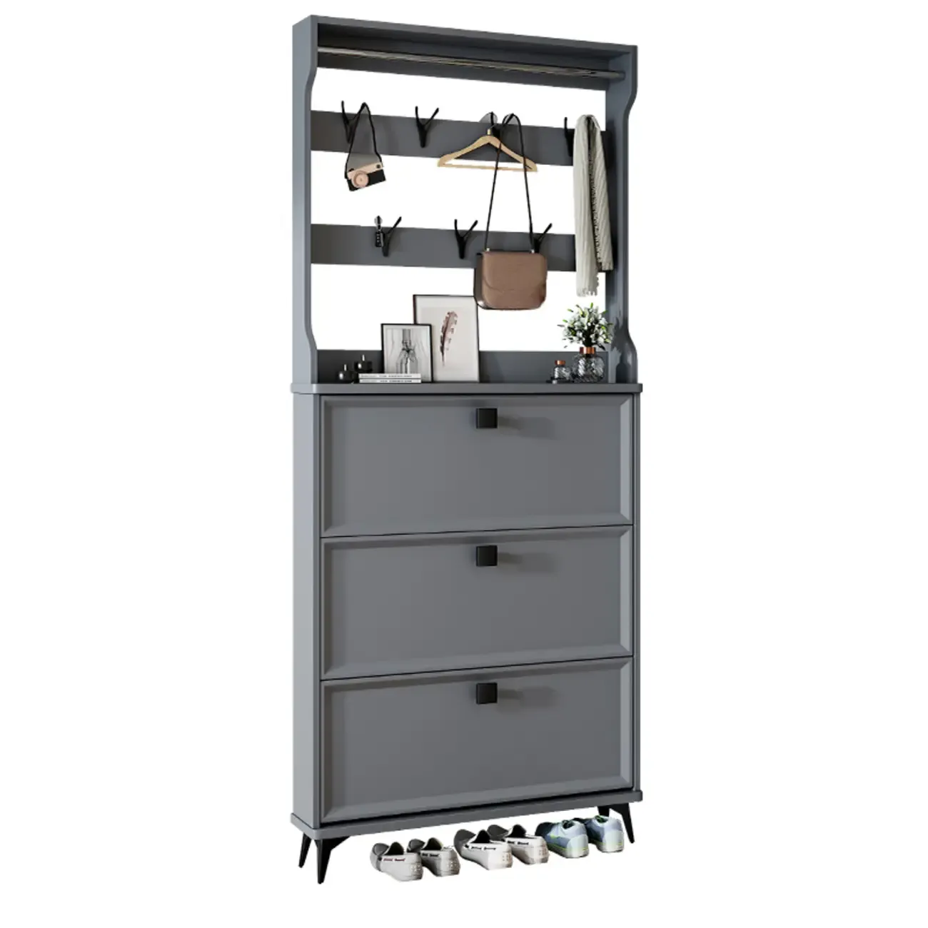 Drop-Front Adjustable Modern White Wood Narrow Shoe Cabinet Image - 21