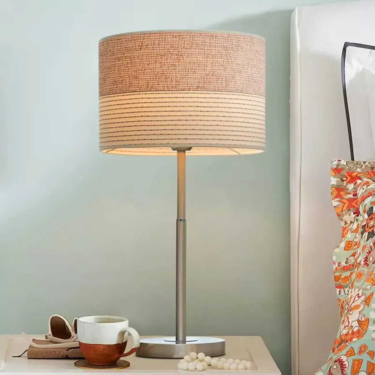 Modern Barrel Nickel Fabric LED Table Lamp for Bedside Image - 2
