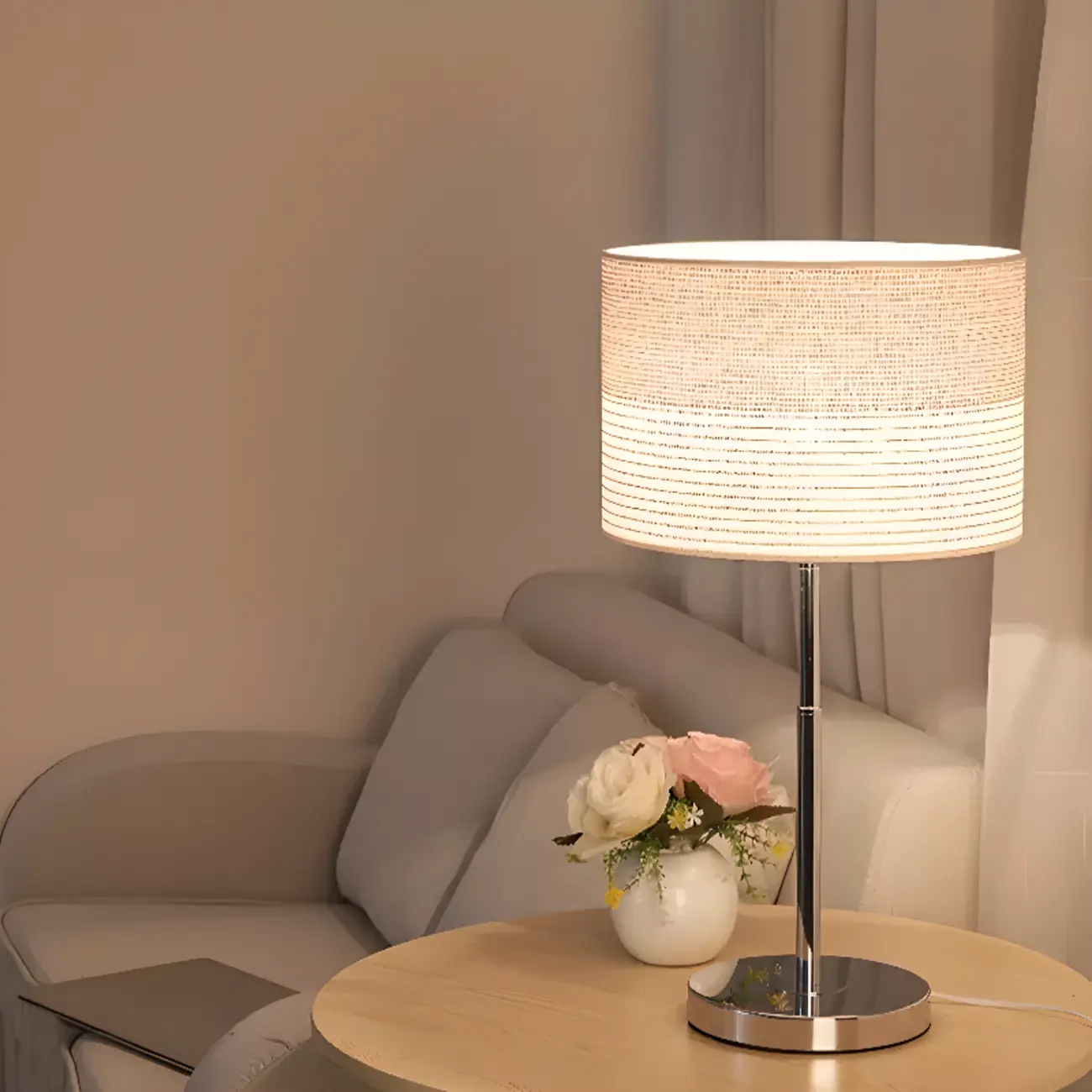 Modern Barrel Nickel Fabric LED Table Lamp for Bedside Image - 3 | homeyfad
