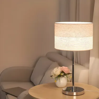 Modern Barrel Nickel Fabric LED Table Lamp for Bedside Image - 3