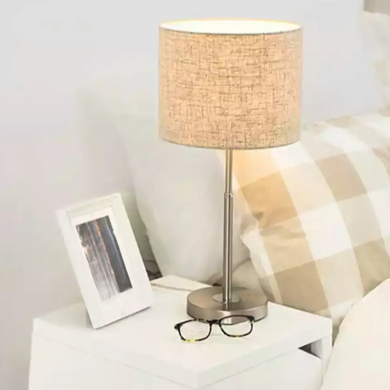 Modern Barrel Nickel Fabric LED Table Lamp for Bedside Image - 5 | homeyfad