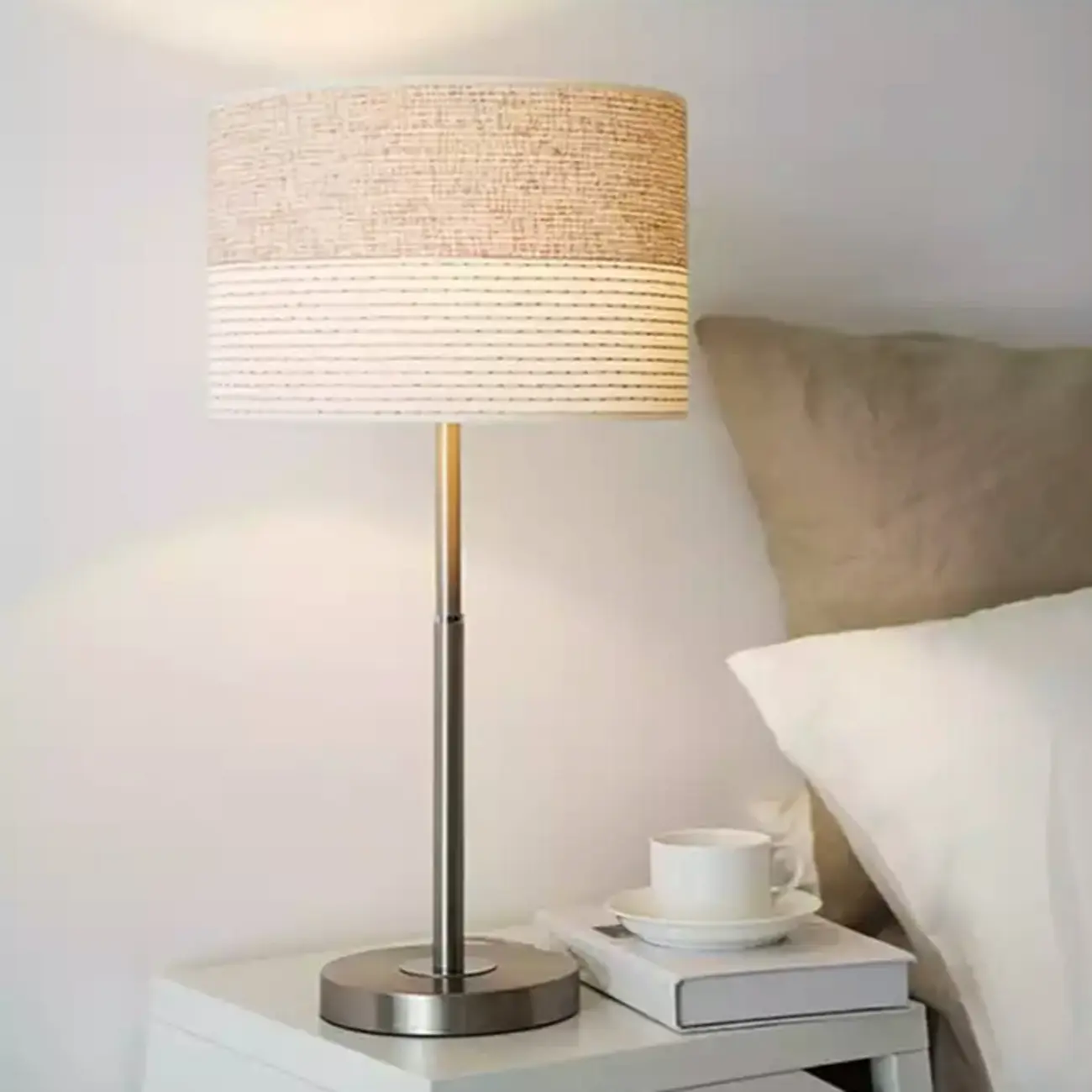 Modern Barrel Nickel Fabric LED Table Lamp for Bedside Image - 9 | homeyfad