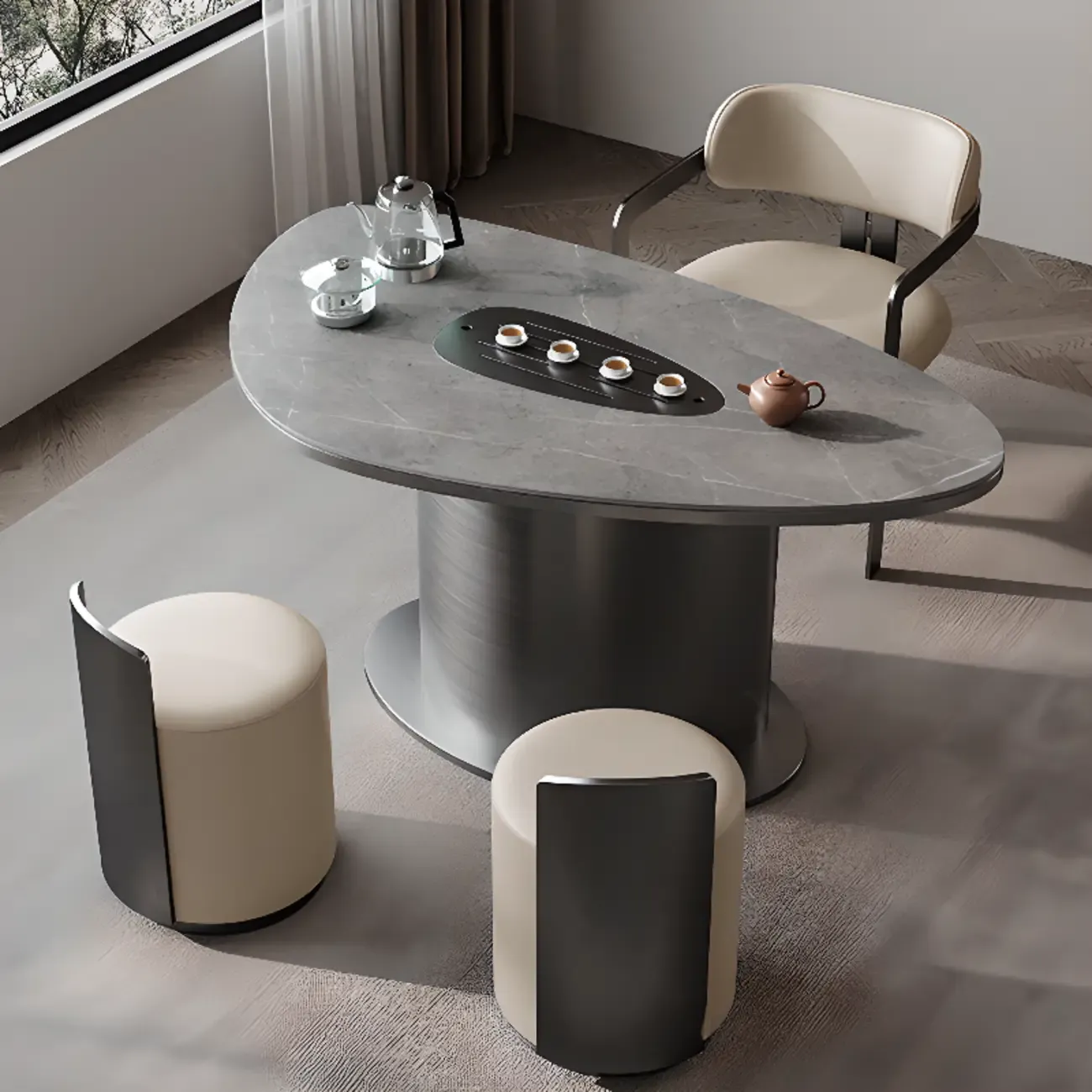 Modern Faux Leather Arm Dining Chair with Alloy Legs Image - 9