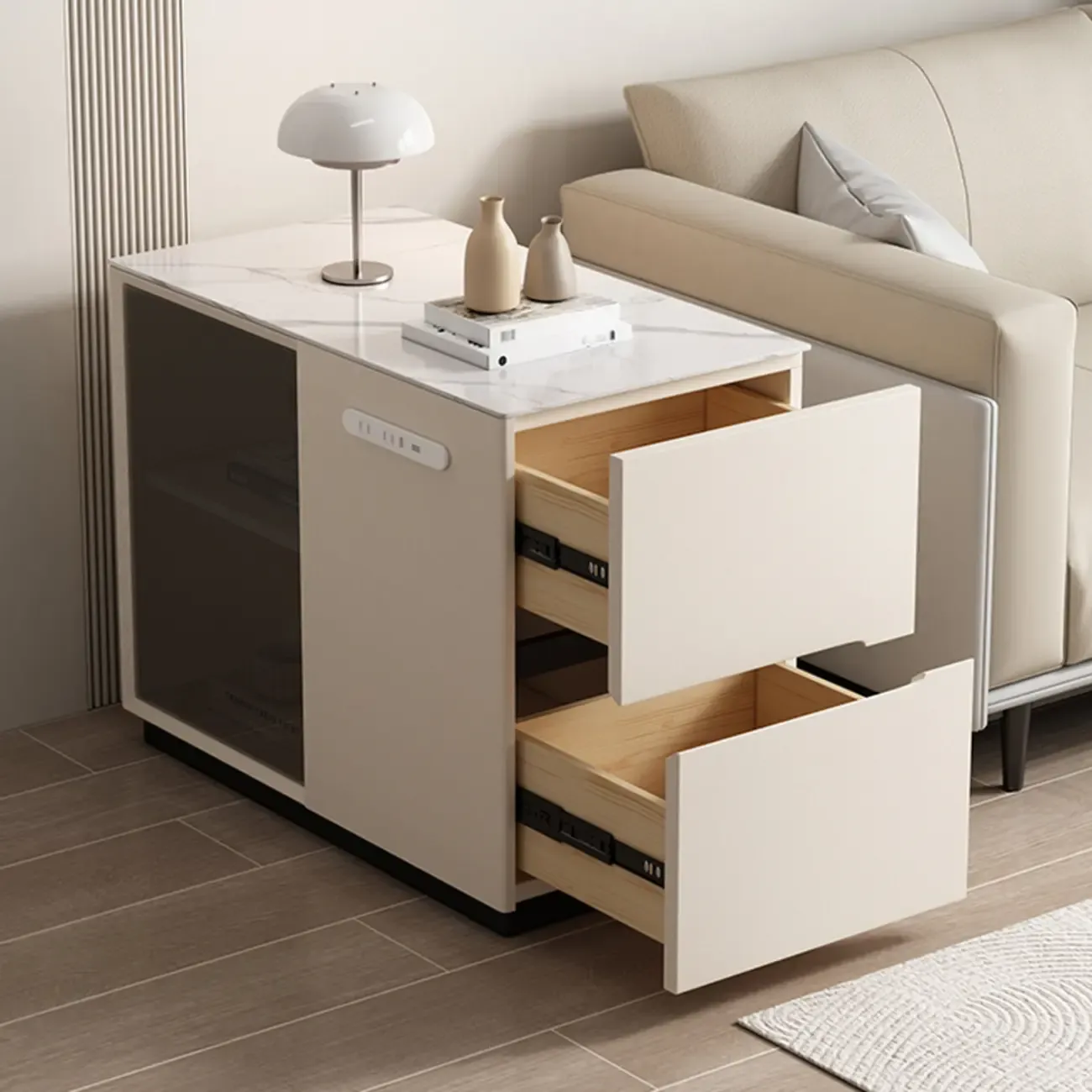 Mobile Rectangular Plastic Top End Table with Storage Drawers Image - 1