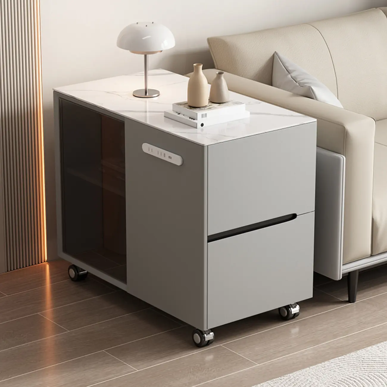 Mobile Rectangular Plastic Top End Table with Storage Drawers Image - 3 | homeyfad