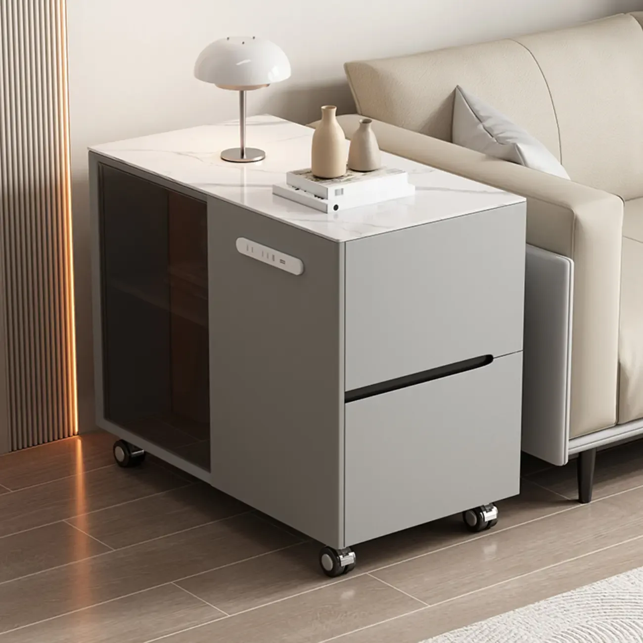 Mobile Rectangular Plastic Top End Table with Storage Drawers Image - 3