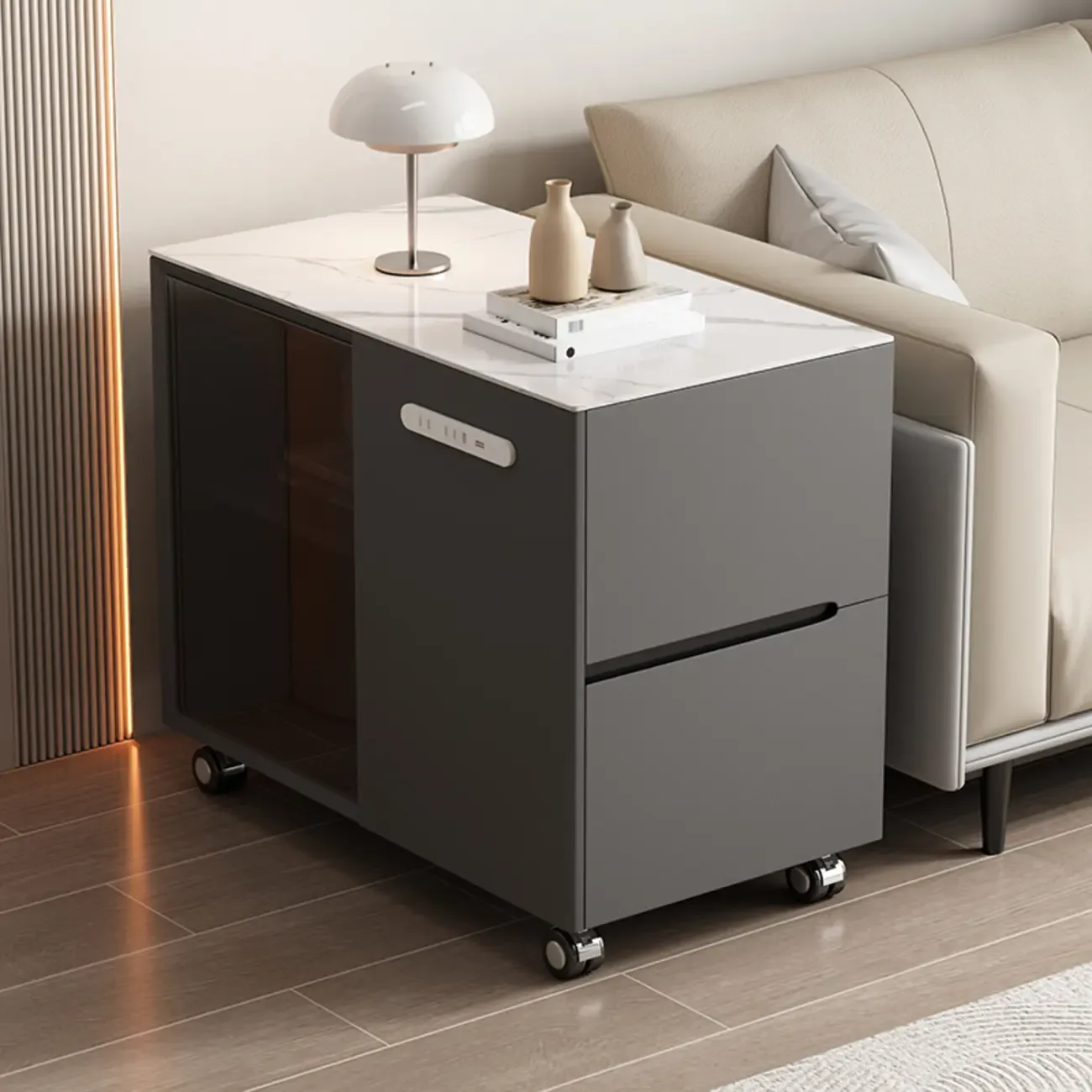 Mobile Rectangular Plastic Top End Table with Storage Drawers Image - 5
