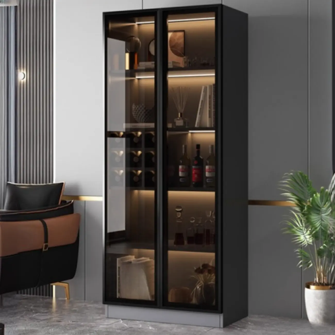 Contemporary Black Wood Glass Tall Display Storage Cabinet Image - 1 | homeyfad