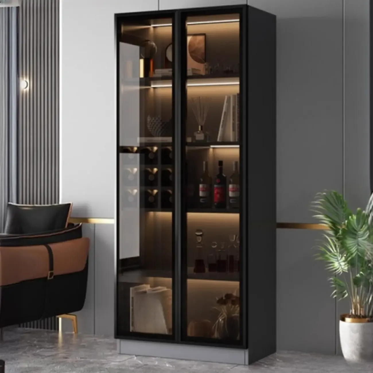 Contemporary Black Wood Glass Tall Display Storage Cabinet Image - 1