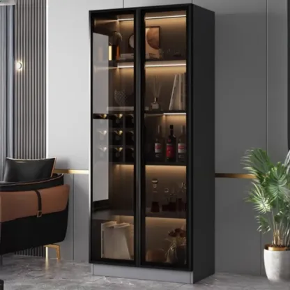 Contemporary Black Wood Glass Tall Display Storage Cabinet Image - 1