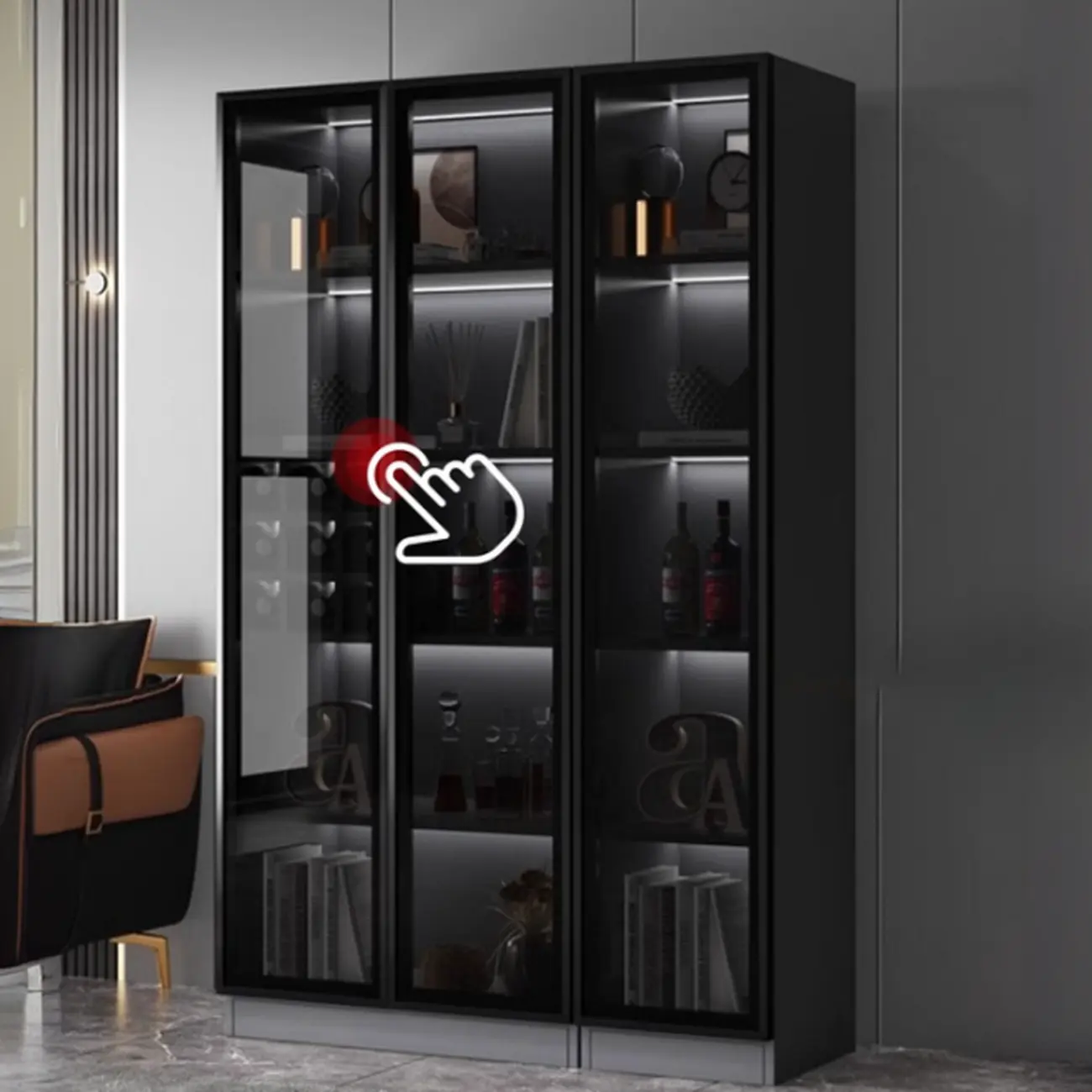 Contemporary Black Wood Glass Tall Display Storage Cabinet Image - 4 | homeyfad