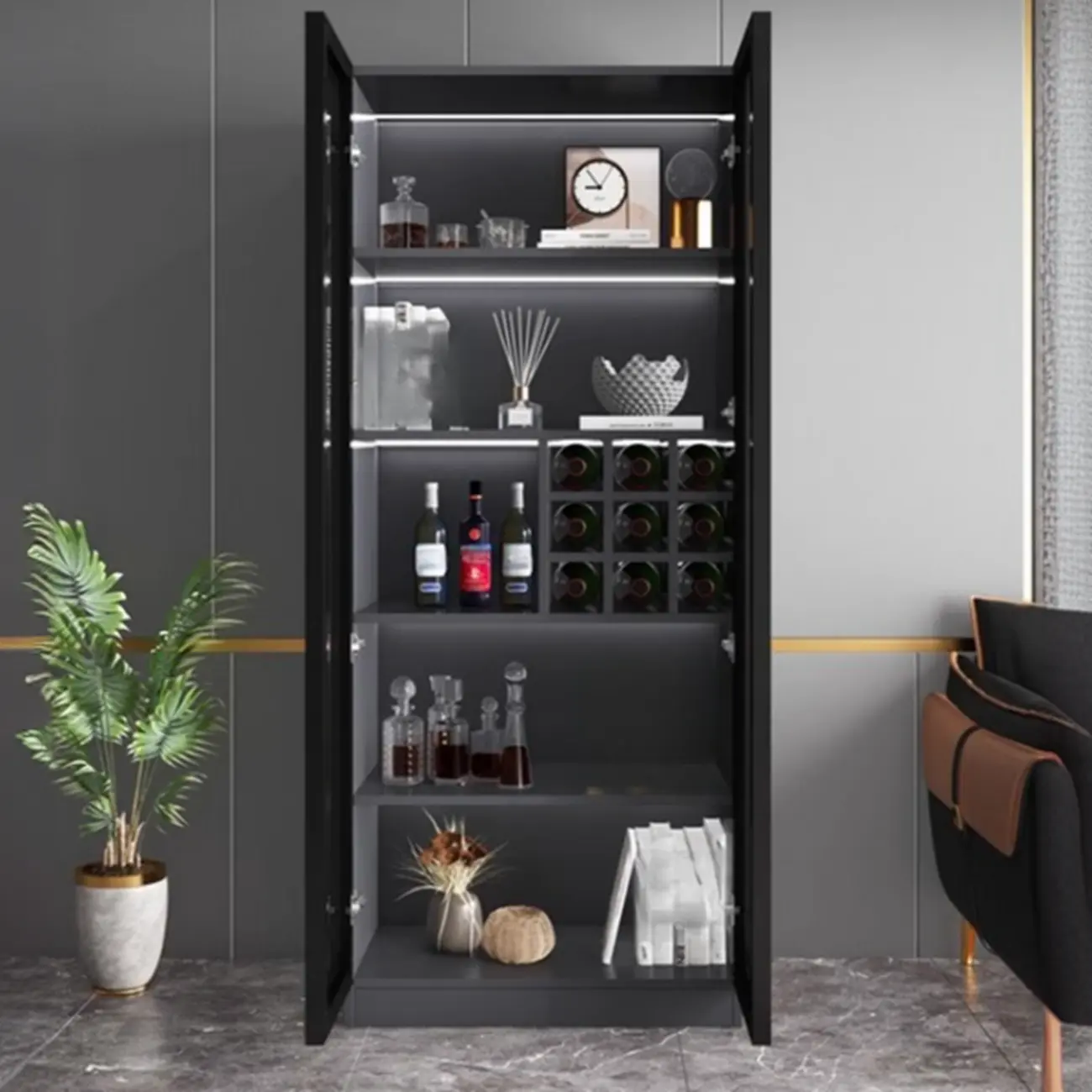 Contemporary Black Wood Glass Tall Display Storage Cabinet Image - 6 | homeyfad