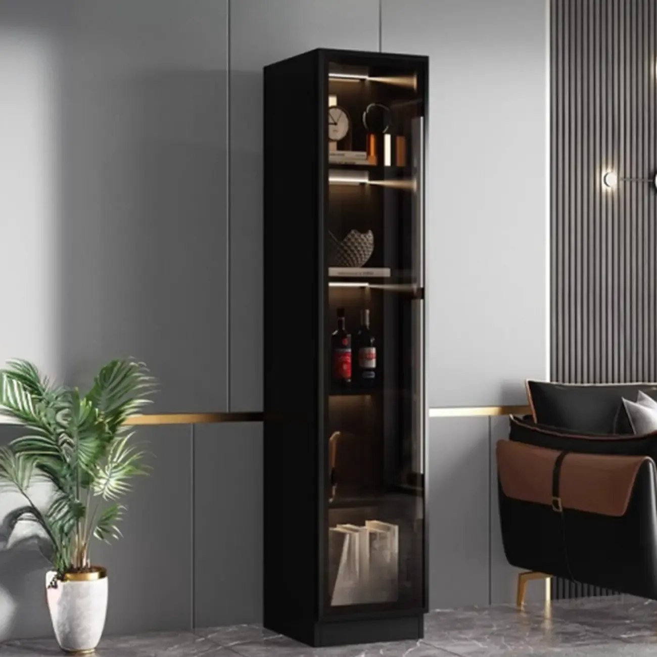 Contemporary Black Wood Glass Tall Display Storage Cabinet Image - 8