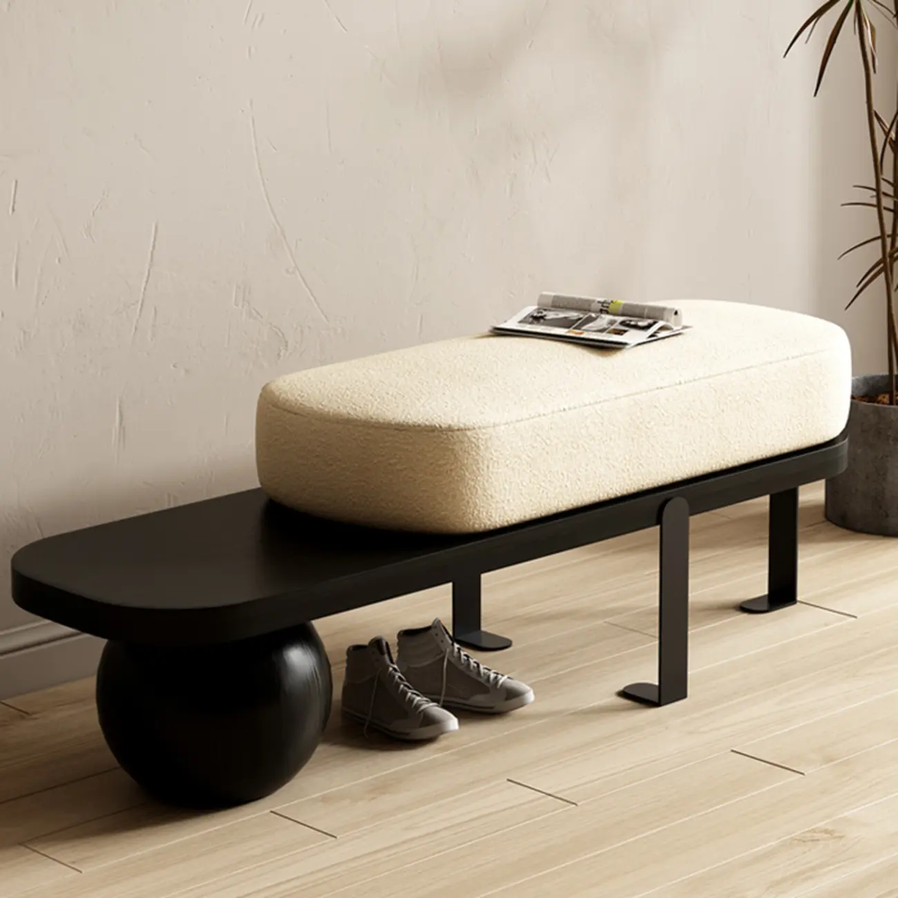 Modern Wooden Upholstered Beige Bench with Cream Cushion Image - 1 | homeyfad