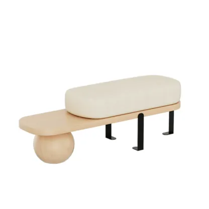 Modern Wooden Upholstered Beige Bench with Cream Cushion Image - 8
