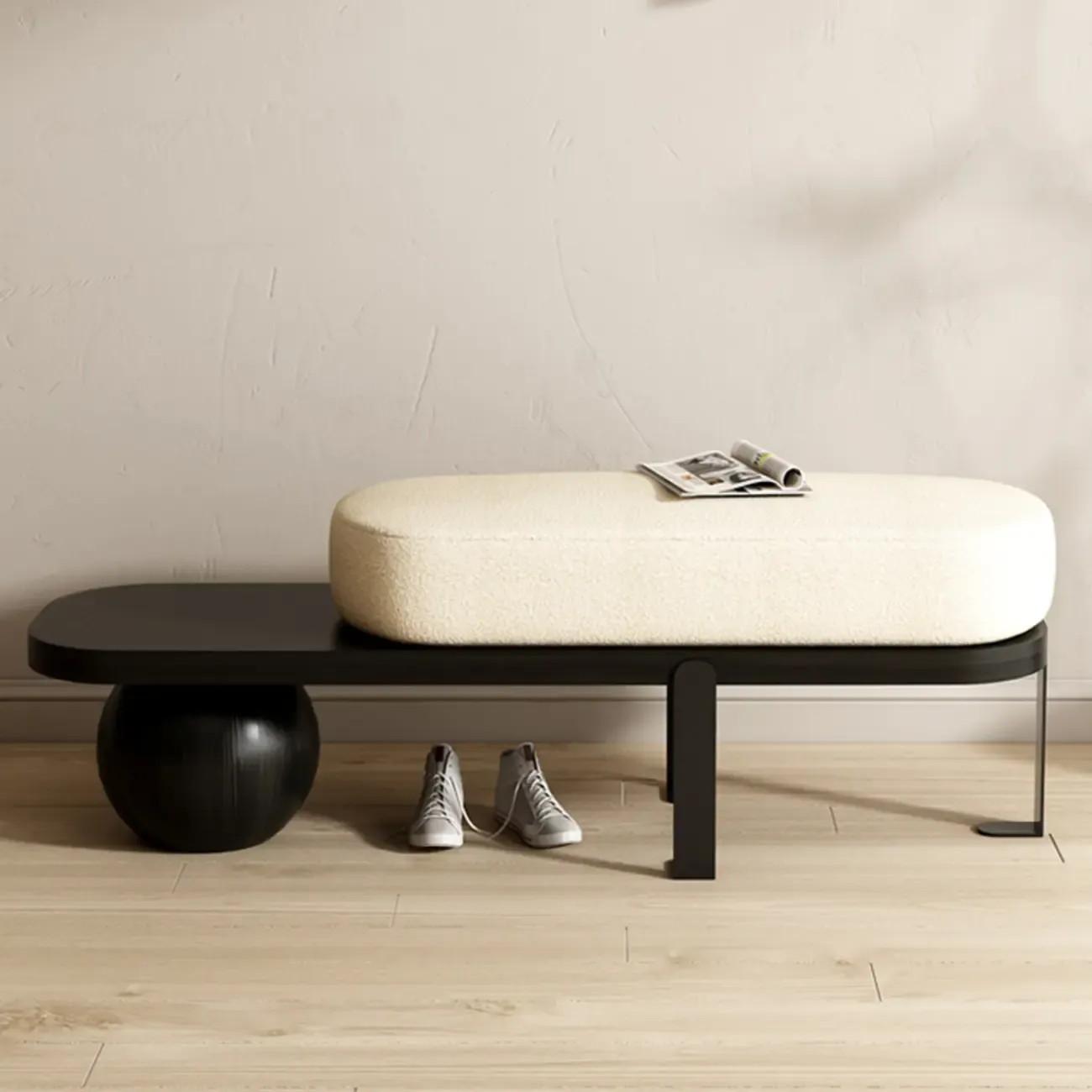 Modern Wooden Upholstered Beige Bench with Cream Cushion Image - 2