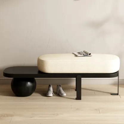 Modern Wooden Upholstered Beige Bench with Cream Cushion Image - 2