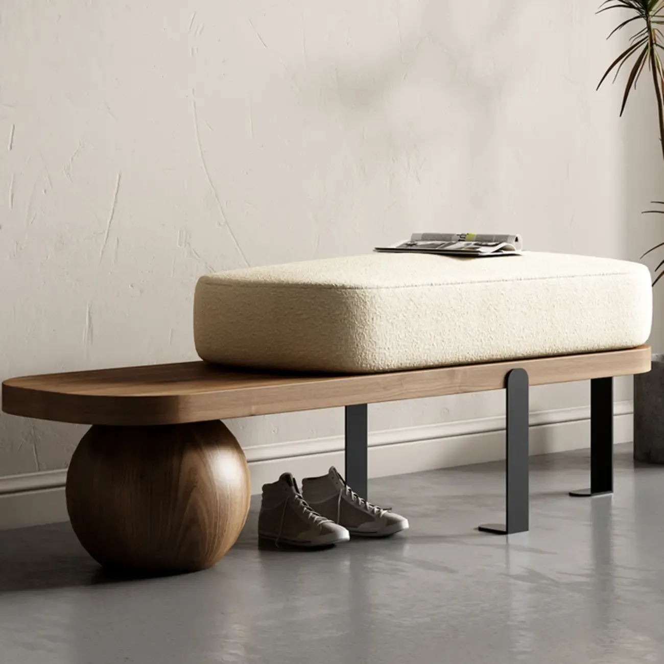 Modern Wooden Beige Upholstered Short Bench | HomeyFad