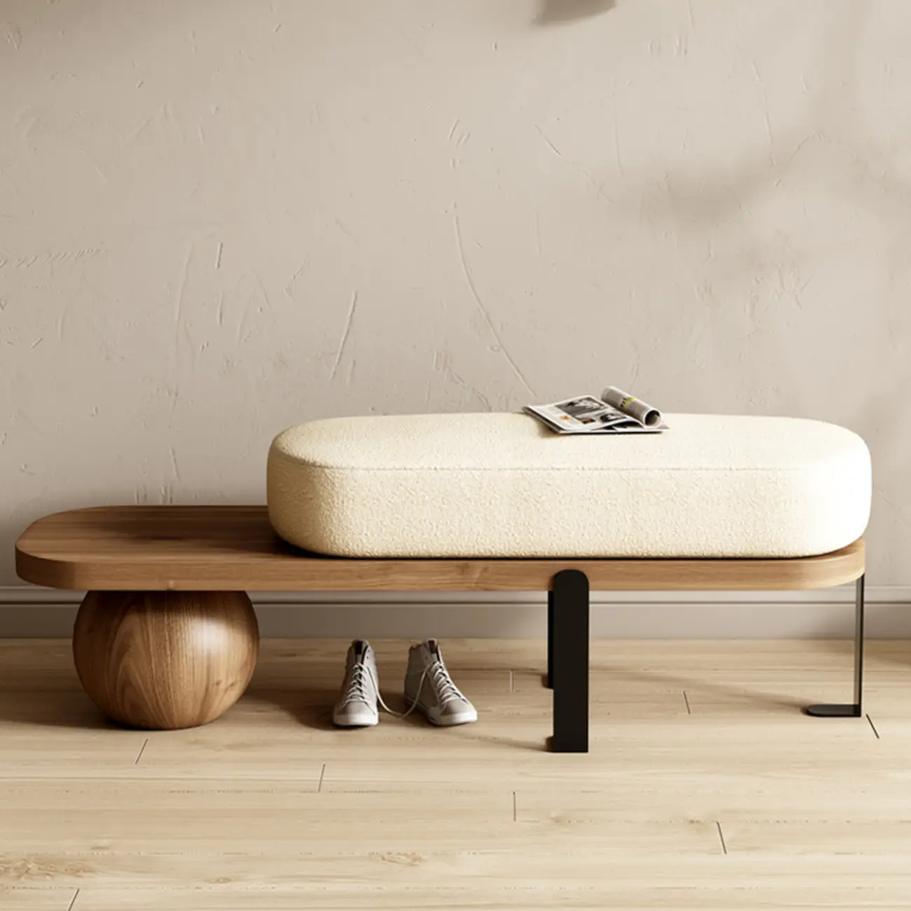 Modern Wooden Upholstered Beige Bench with Cream Cushion Image - 4 | homeyfad