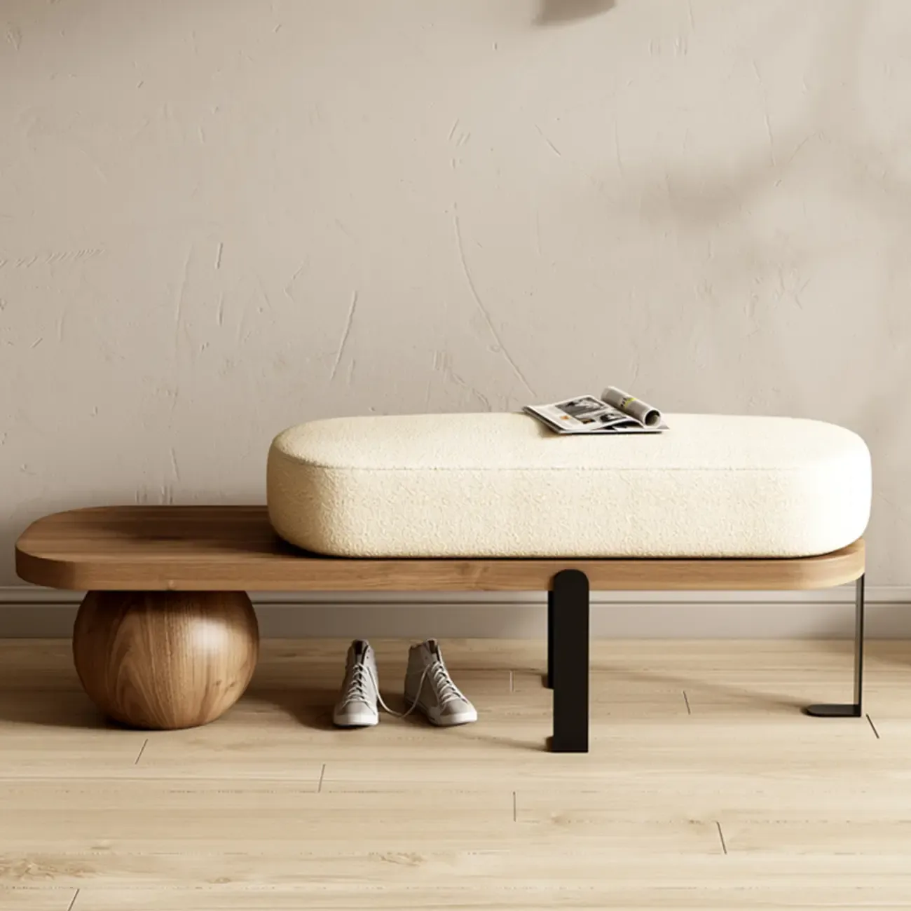 Modern Wooden Upholstered Beige Bench with Cream Cushion Image - 4