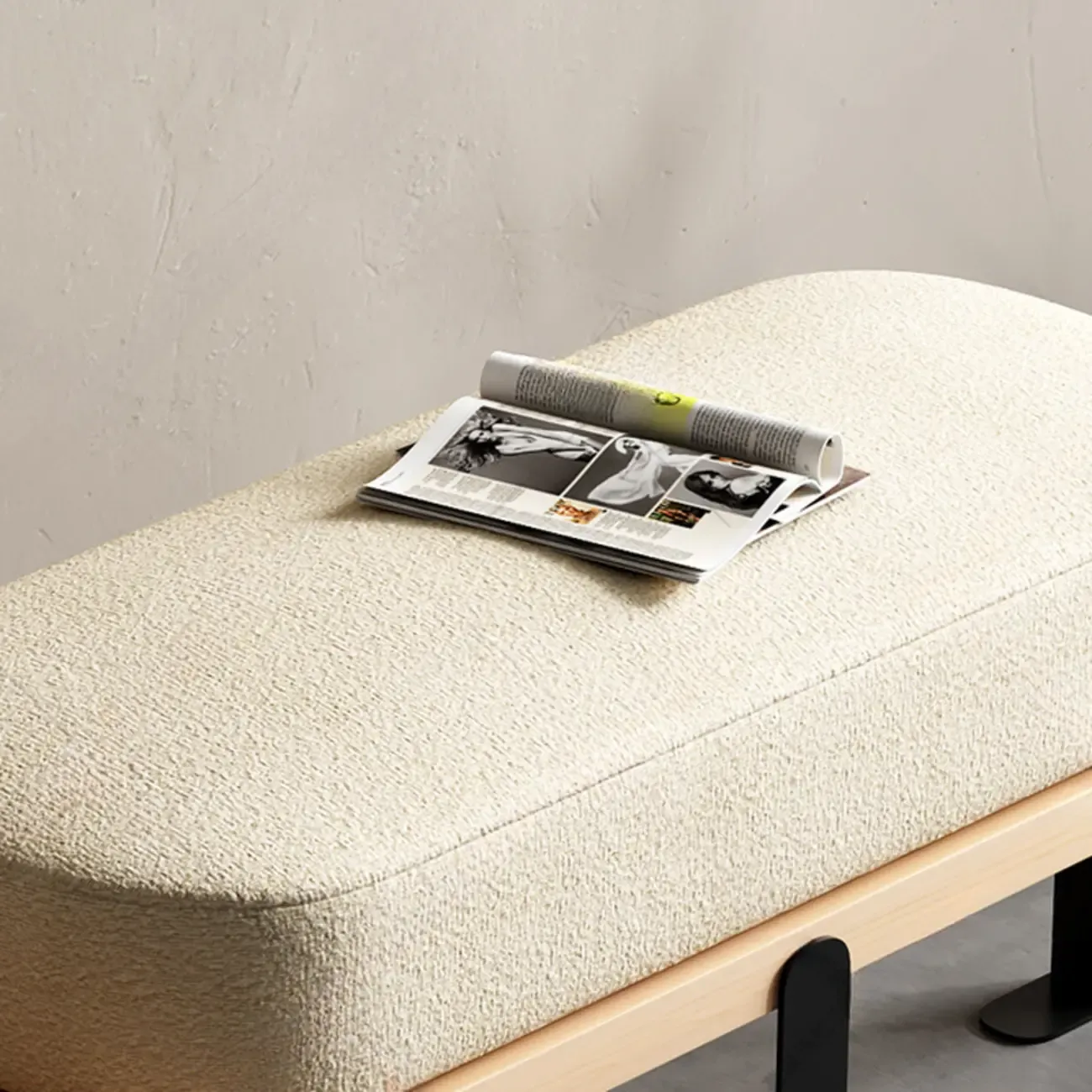 Modern Wooden Upholstered Beige Bench with Cream Cushion Image - 5