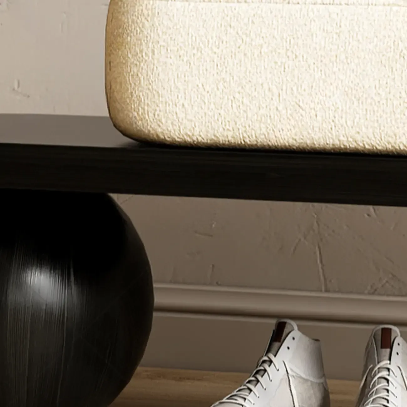 Modern Wooden Upholstered Beige Bench with Cream Cushion Image - 6