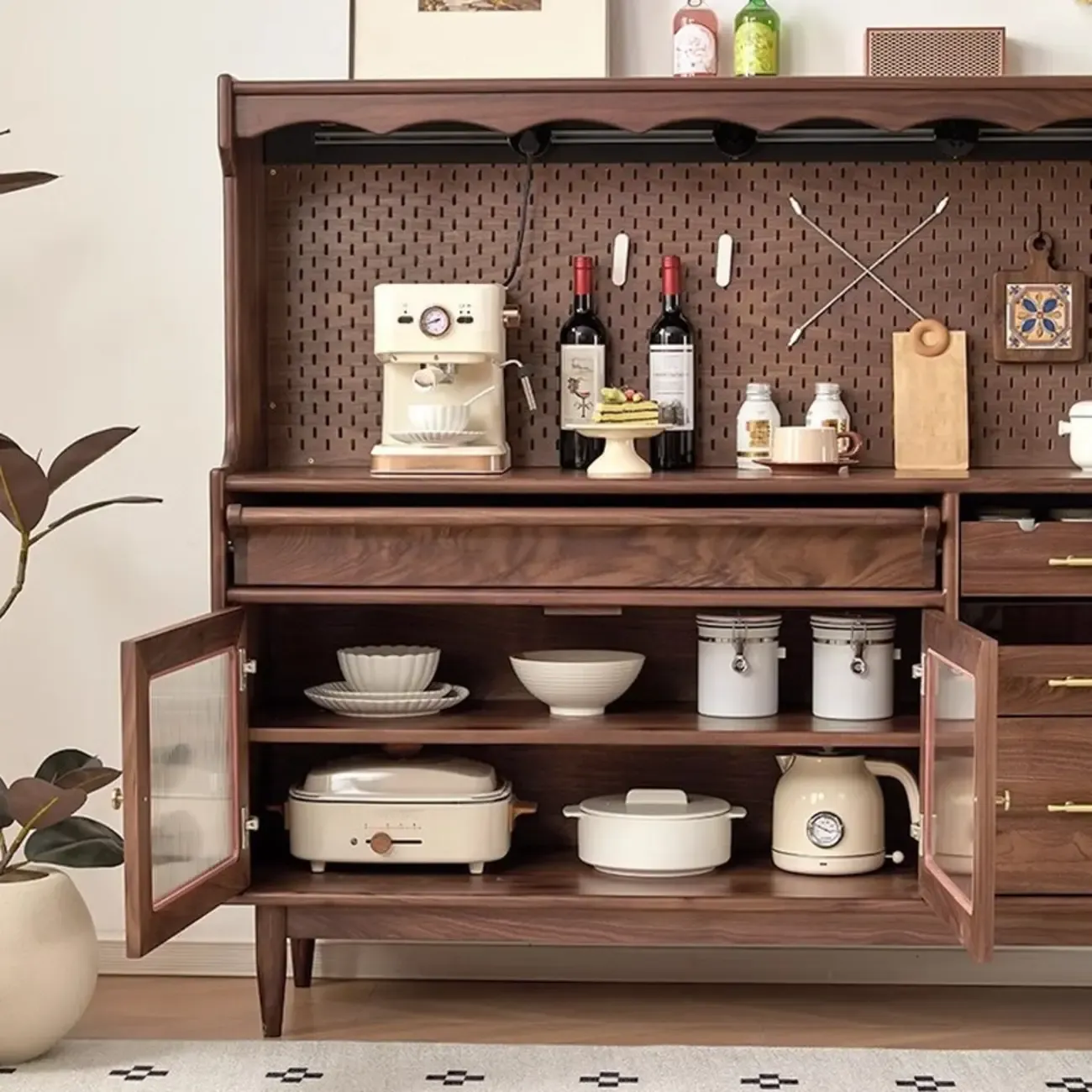 Lighting Wooden 3-Drawer Pegboard Back Brown Sideboard Image - 3