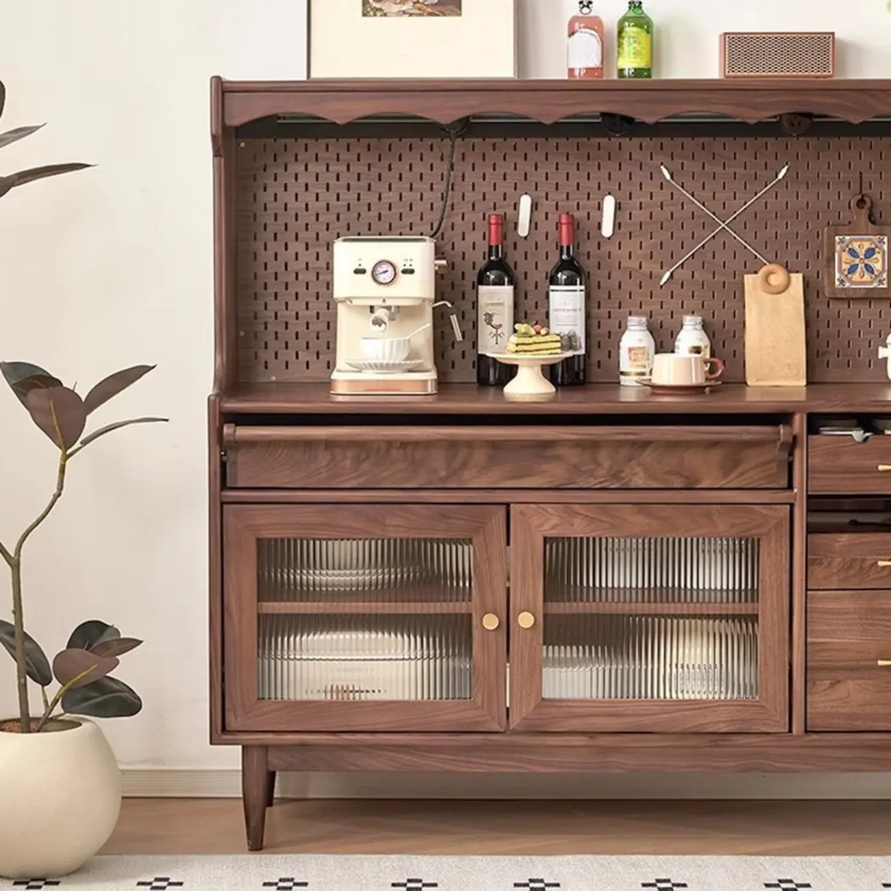 Lighting Wooden 3-Drawer Pegboard Back Brown Sideboard Image - 6 | homeyfad