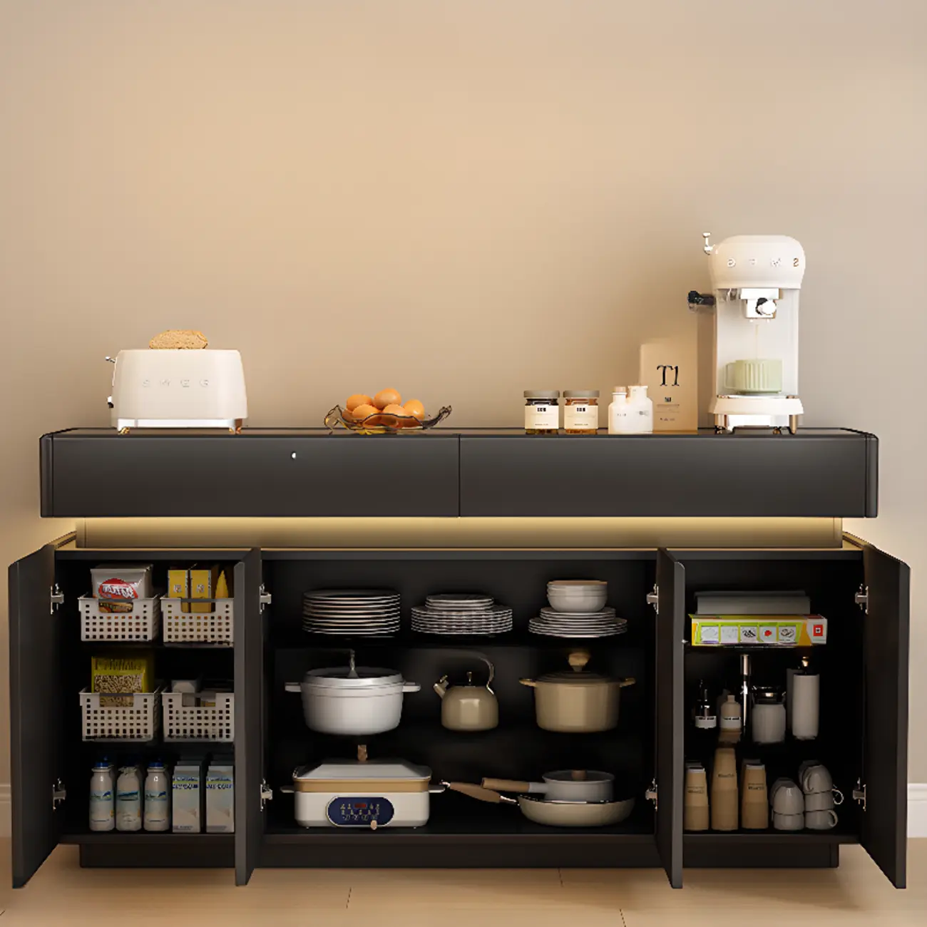 LED Light Wooden Glass Black Sideboard with Drawers Shelves Image - 2 | homeyfad