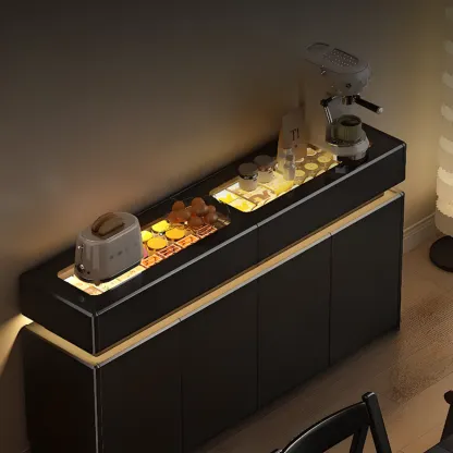 LED Light Wooden Glass Black Sideboard with Drawers Shelves Image - 4
