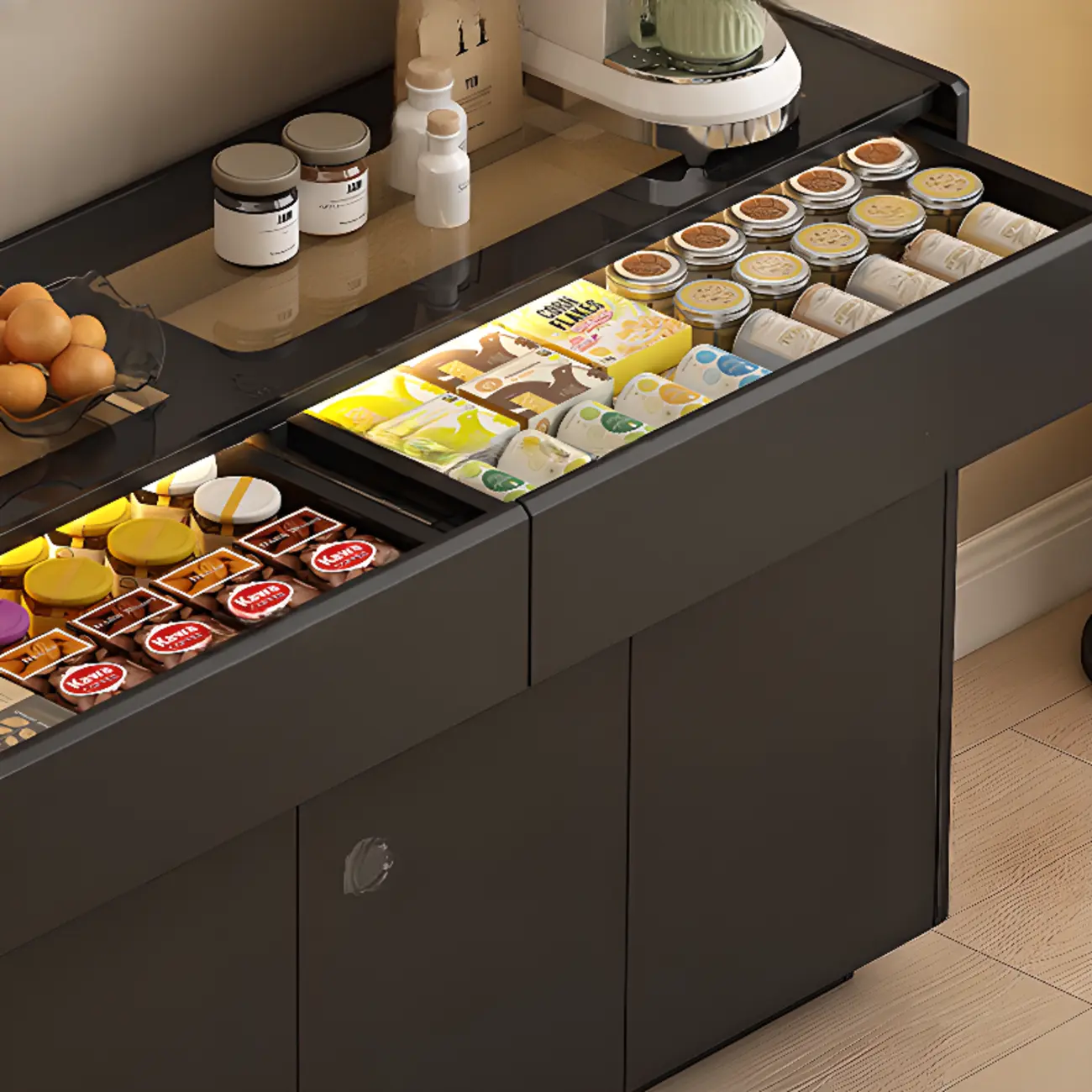 LED Light Wooden Glass Black Sideboard with Drawers Shelves Image - 9 | homeyfad