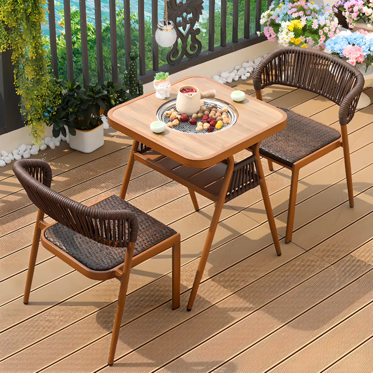 3 Piece Rope Woven Square Wood Outdoor Dining Set Image - 1 | homeyfad