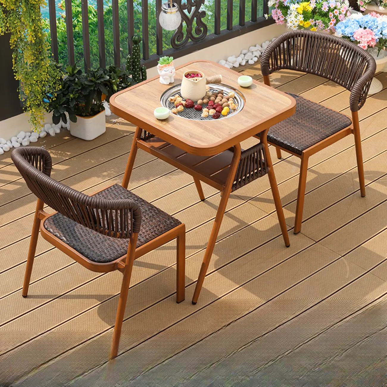 3 Piece Rope Woven Square Wood Outdoor Dining Set Image - 2 | homeyfad