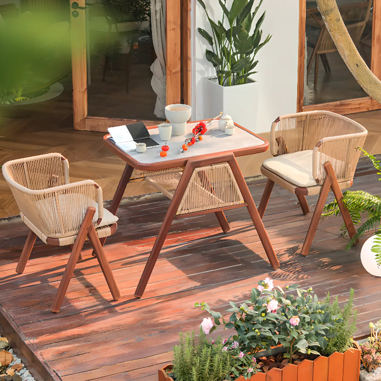 3 Piece Square Brown Patio Dining Set with Ratten Armchair Image - 1 | homeyfad