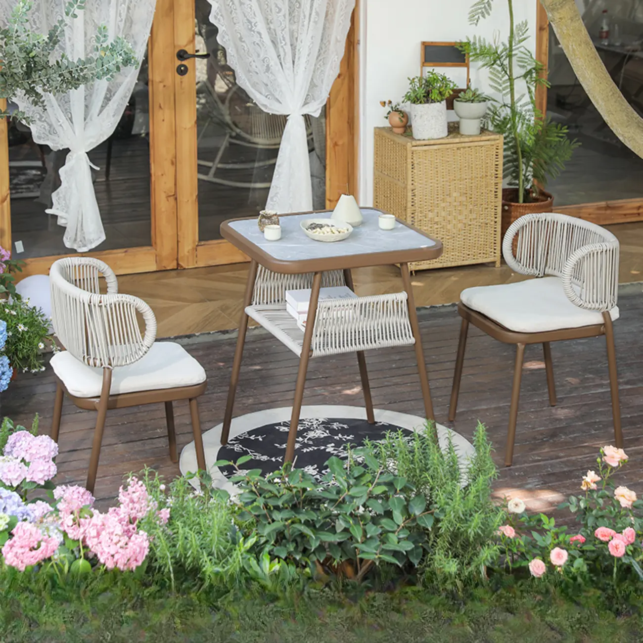 3 Piece Square Brown Patio Dining Set with Ratten Armchair Image - 2 | homeyfad