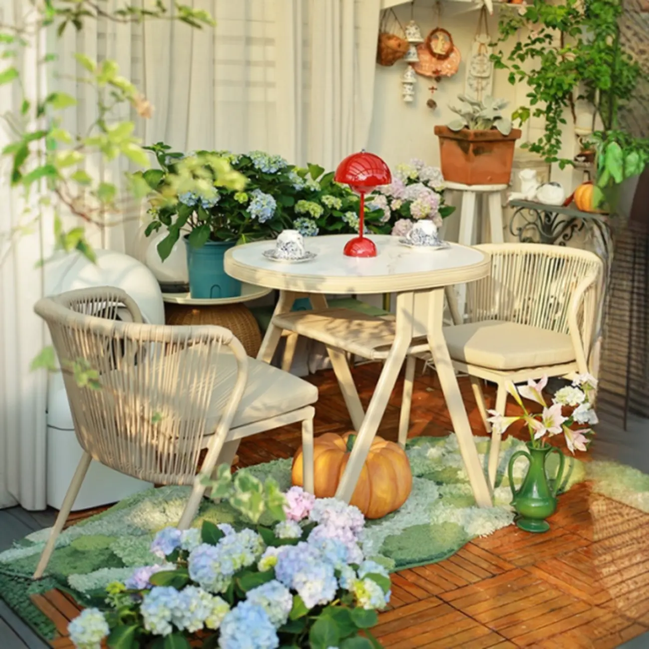 3 Piece White Round Metal Outdoor Dining Set with Armchair Image - 1 | homeyfad