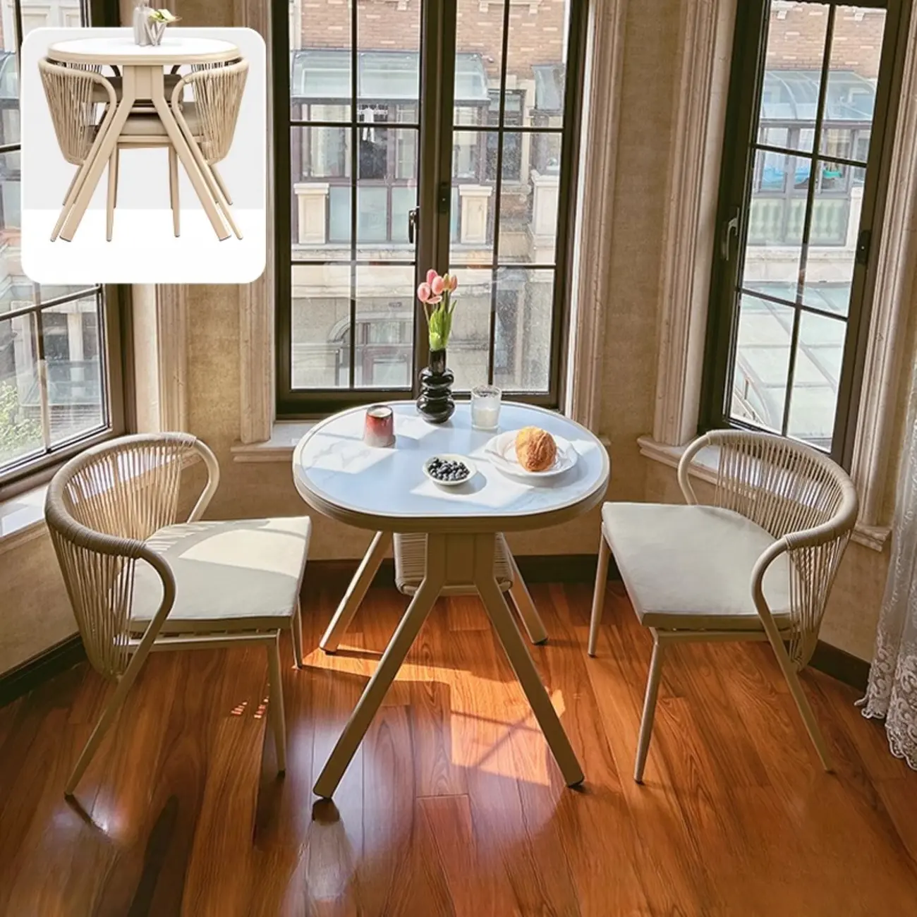 3 Piece White Round Metal Outdoor Dining Set with Armchair Image - 2 | homeyfad
