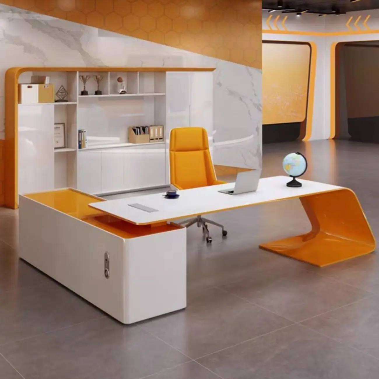 Bright White Orange Large L-Shaped Office Desk Image - 1 | homeyfad