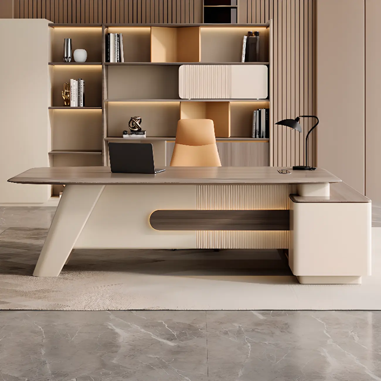 Large Brown Beige Wood L-Shaped Executive Office Desk Image - 2 | homeyfad