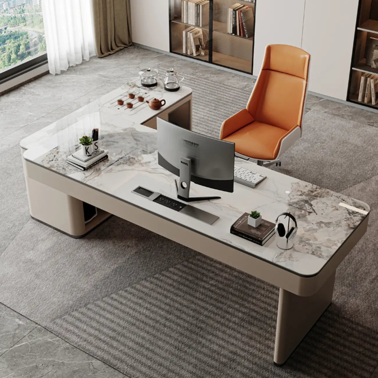 Stone Top L-Shape Drawer Computer Desk Image - 2 | homeyfad