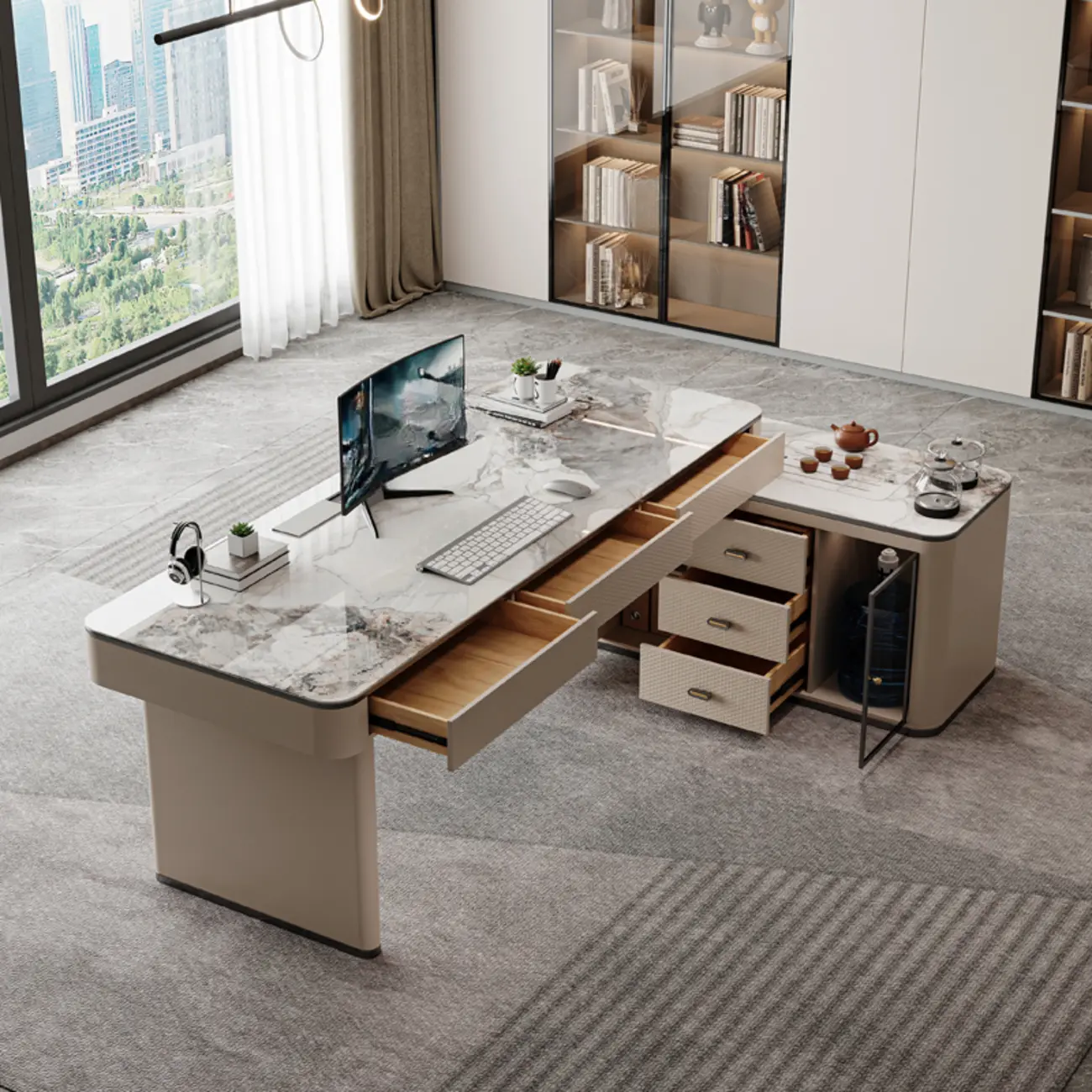 Stone Top L-Shape Drawer Computer Desk Image - 1 | homeyfad