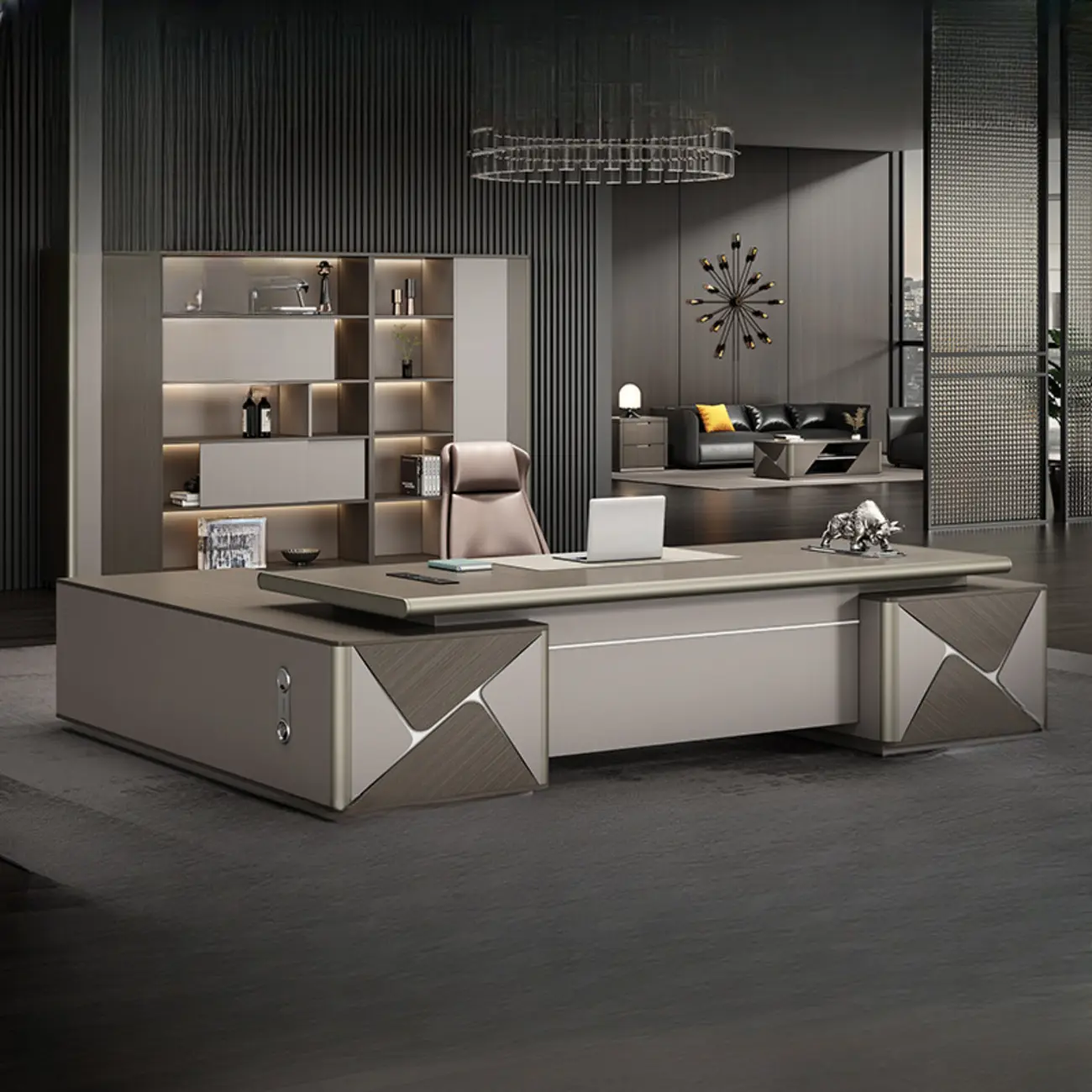 Modern Gray Wood Executive Computer Desk with Storage Image - 1 | homeyfad