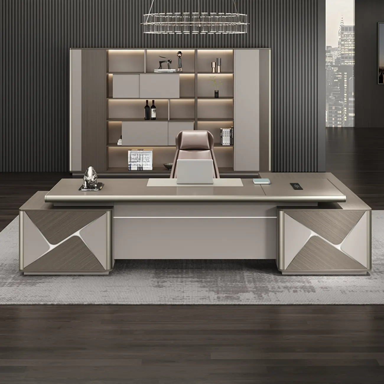 Modern Gray Wood Executive Computer Desk with Storage Image - 2 | homeyfad
