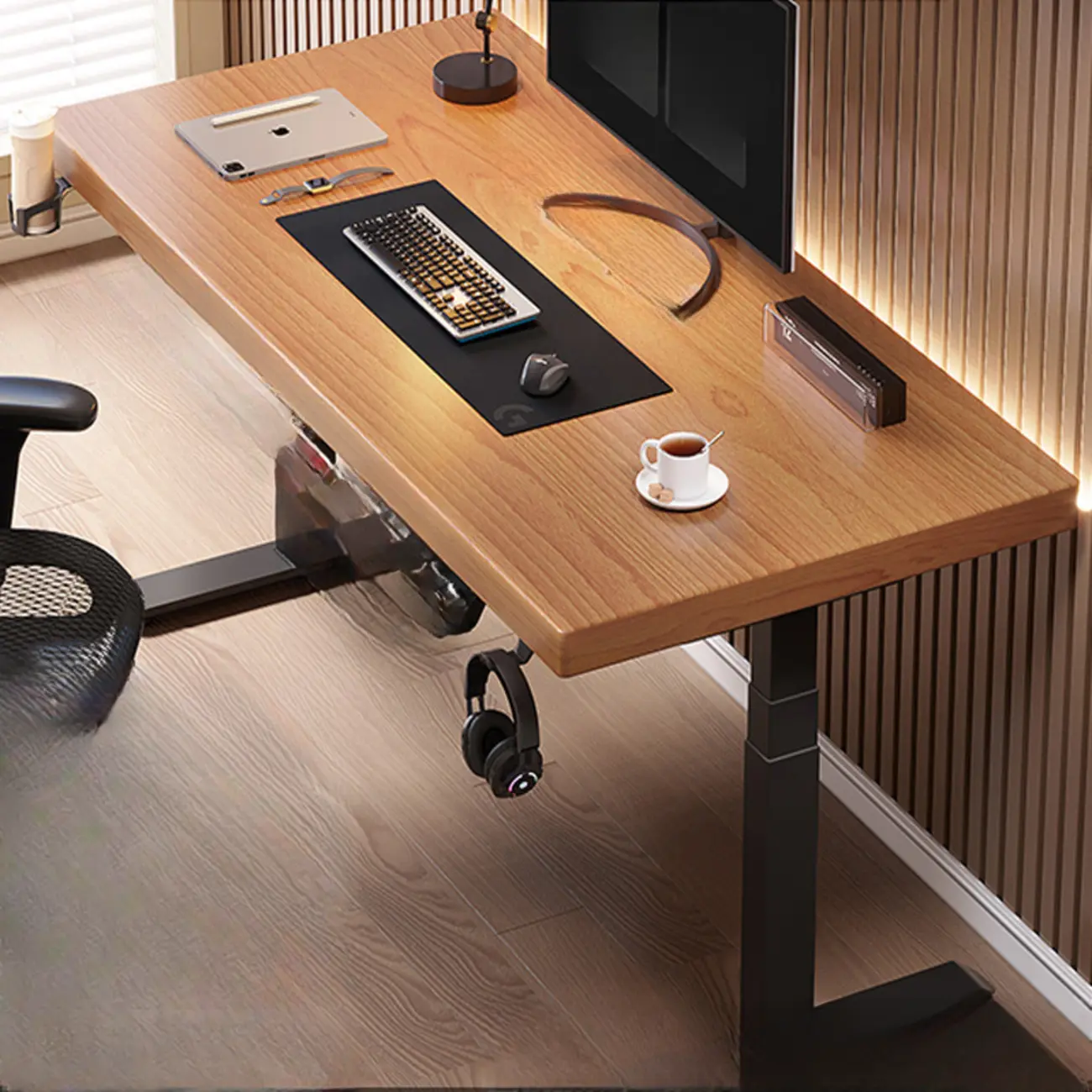 T-Shaped Wooden Adjustable Height Standing Desk with Storage Image - 2 | homeyfad