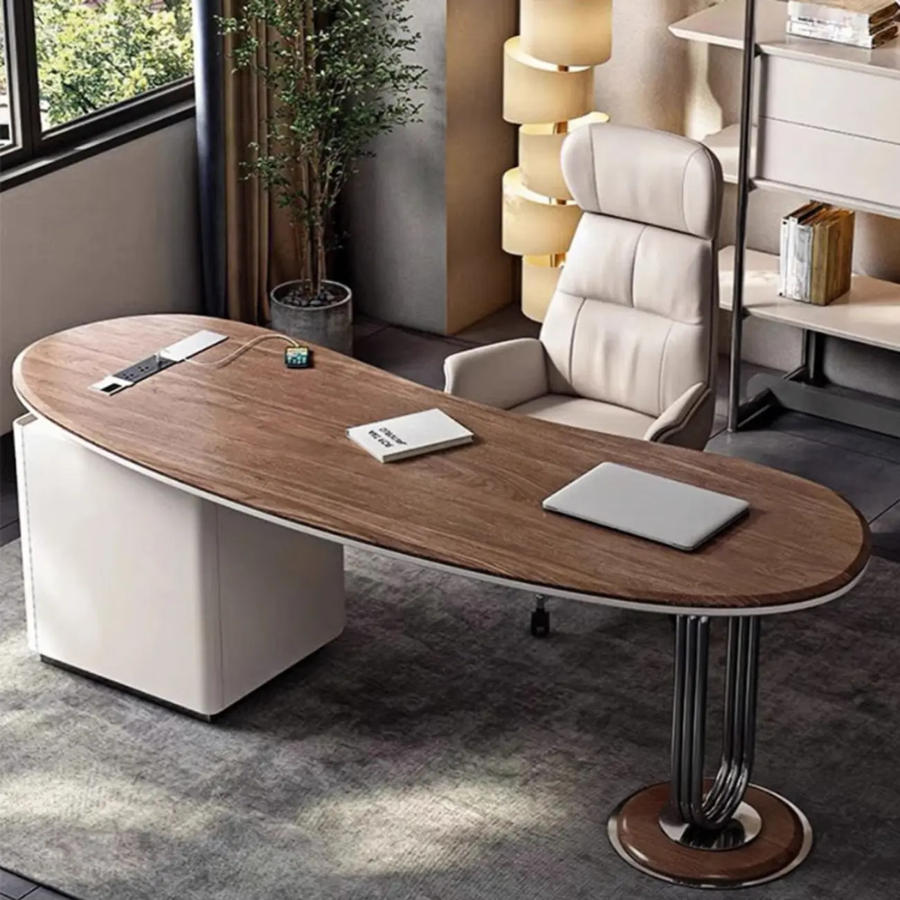 Long Curved Brown Wood 3-Drawers Office Desk Image - 1 | homeyfad