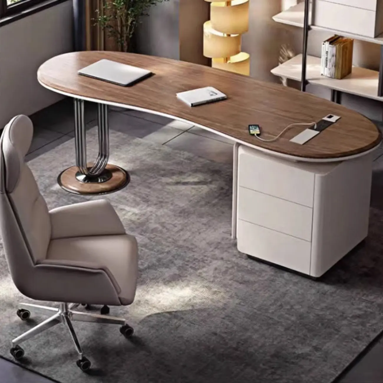 Long Curved Brown Wood 3-Drawers Office Desk Image - 2 | homeyfad