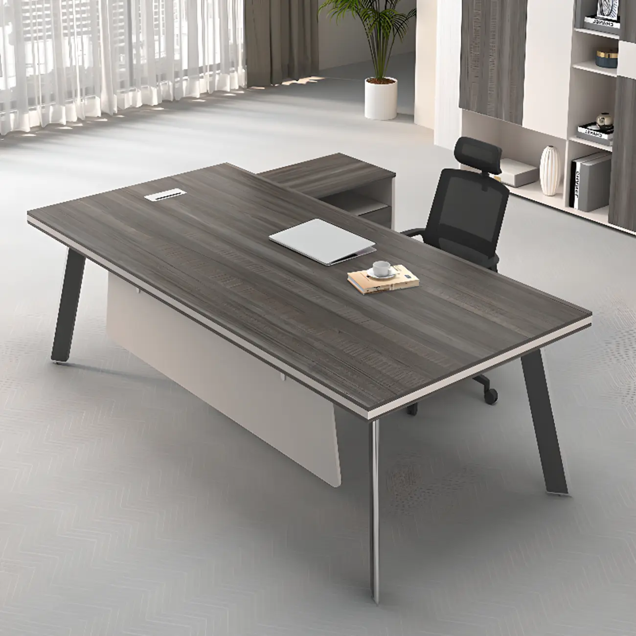 Long Modern Grey Wood Executive Office Desk with Storage Image - 1 | homeyfad