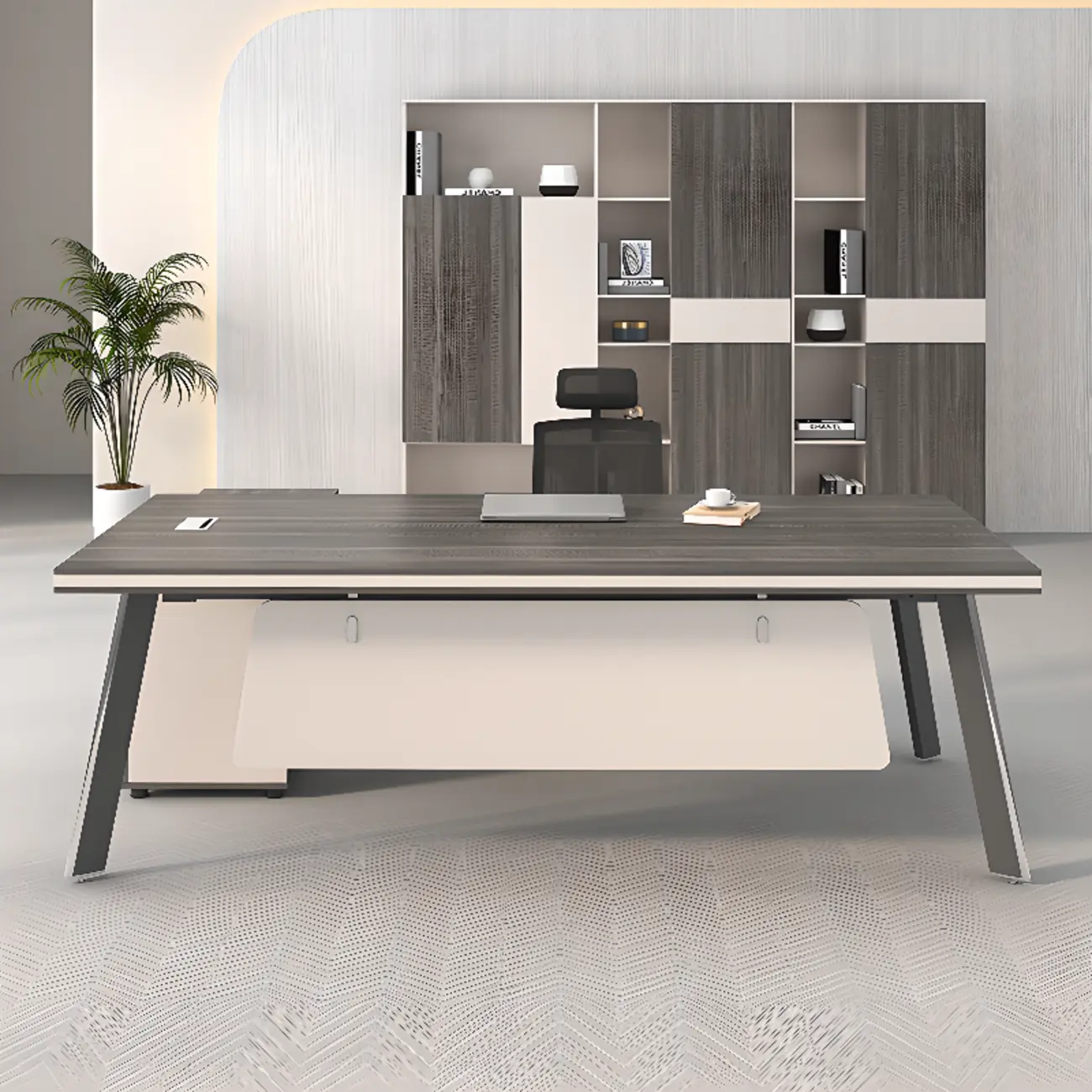 Long Modern Grey Wood Executive Office Desk with Storage Image - 2 | homeyfad